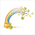 Rainbow, green leaf lucky clover and pot full of gold. Royalty Free Stock Photo
