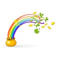 Rainbow, green leaf lucky clover and pot full of gold. Vector illustration Royalty Free Stock Photo