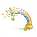 Rainbow, green leaf lucky clover and pot full of gold. Vector illustration Royalty Free Stock Photo