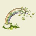 Rainbow, green leaf lucky clover and pot full of gold. Vector illustration Royalty Free Stock Photo