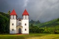 Rainbow on Haapiti church in Moorea island, landscape Royalty Free Stock Photo