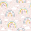 Colorful seamless pattern with rainbow, clouds, hearts. Decorative cute background, funny sky