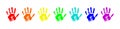 Rainbow hand print isolated on white background. Color child handprint. Multicolored human fingers. Vector hand-drawn