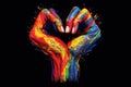 Rainbow Hands powerful heartbeat reverberating across the world, equality fight for LGBTQ + rights, isolated on black background Royalty Free Stock Photo