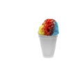 Rainbow Hawaiian Shave ice, Shaved ice or snow cone in a plain white cup against a white background.
