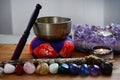 Rainbow Healing Crystals on wood table. Natural lighting with macro lens, rainbow stones. Clear Quartz, Pink Calcite, Jasper, Calc Royalty Free Stock Photo