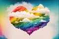 Rainbow heart cloud. Love cloud in the sky. LGBT love background. Queer rainbow heart poster. Generative AI