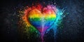 Rainbow heart exploding in colorful dust on dark background. Generative AI Royalty Free Stock Photo