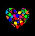Rainbow heart icon made of multicolored hand prints