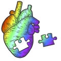 Rainbow heart puzzle. Sketch scratch board imitation color.