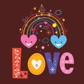 Rainbow hearts word Love retro typography lettering text design