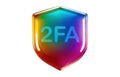 Rainbow holographic 3D icon, neon shield with the inscription 2FA, two-factor authentication Royalty Free Stock Photo