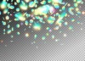 Rainbow holographic effect background with glitter, neon, light foil particles. Iridescent round shape falling, floating