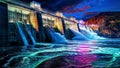Rainbow Hydro Power: Nighttime Spillway Illumination, generative ai