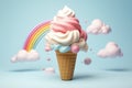 Rainbow Ice Cream Cone on a Cloud - A Colorful and Joyful Dessert Delight