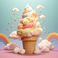 Rainbow Ice cream cone decorated with pastel background. By generative Ai