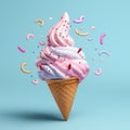 Rainbow Ice cream cone decorated with sprinkle. By generative Ai