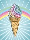 Rainbow ice cream cone design, colorful vector illustration.