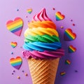 Rainbow ice cream in waffle cone on violet background, close up