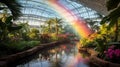 Rainbow illuminating a botanical conservatory