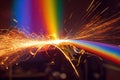 Rainbow Interference Welding process with sparks and splashes of fire in rolled metal. Royalty Free Stock Photo