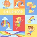 Rainbow jumping kids childhood poster bright colorful sky graphic child weather vector illustration. Spectrum curve