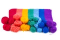 Rainbow knitted fabric and balls of wool thread isolated on white Royalty Free Stock Photo