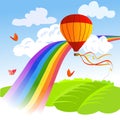 Rainbow, landscape and hot air balloon