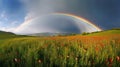 Rainbow Landscape over poppy field Royalty Free Stock Photo