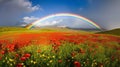 Rainbow Landscape over poppy field Royalty Free Stock Photo