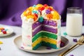a rainbow layer cake with white frosting