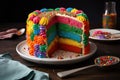 a rainbow-layered cake with brightly colored frosting and sprinkles