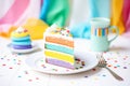 rainbow layered cake slice on a white plate Royalty Free Stock Photo