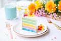 rainbow layered cake slice on a white plate Royalty Free Stock Photo