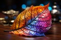 Rainbow leaf exhibited on table, capturing iridescent nature under rooms glow