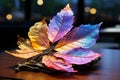 Rainbow leaf exhibited on table, capturing iridescent nature under rooms glow