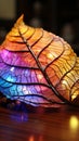 Rainbow leaf exhibited on table, capturing iridescent nature under rooms glow