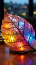 Rainbow leaf exhibited on table, capturing iridescent nature under rooms glow