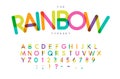 Rainbow letters and numbers set. Festival style vector latin alphabet. Font for events, birthday, kids promotions