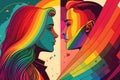 Rainbow LGBTQ couple, concept of bisexuality, freedom and love. Generative AI