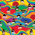 Rainbow line hill japan doll maneki seamless pattern