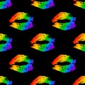 Rainbow lipstick kiss on black seamless pattern. LGBT community background. Gay pride vector illustration. Imprint of the lips.