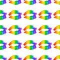 Rainbow lipstick kiss on white seamless pattern. LGBT community background. Gay pride vector illustration. Imprint of the lips.