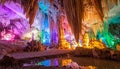 Rainbow-lit stalactite cavern with reflective pool, colorful rock formations, and dramatic underground landscape Royalty Free Stock Photo