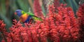 Rainbow Lorikeet in Red Aloe Flowers Royalty Free Stock Photo