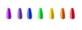 Rainbow manicure, seven color nail shapes.