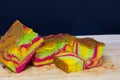 Rainbow marble butter cake on wooden board