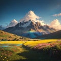 Rainbow in the mountains. Landscape with summer flowers. Sunny weather. Zemo Svaneti, Georgia, Caucasus made