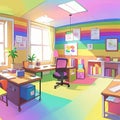 Rainbow colored office, showing diversity and bright cheerfulness, cute simple anime style illustration