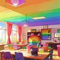 Rainbow colored office, showing diversity and bright cheerfulness, cute simple anime style illustration